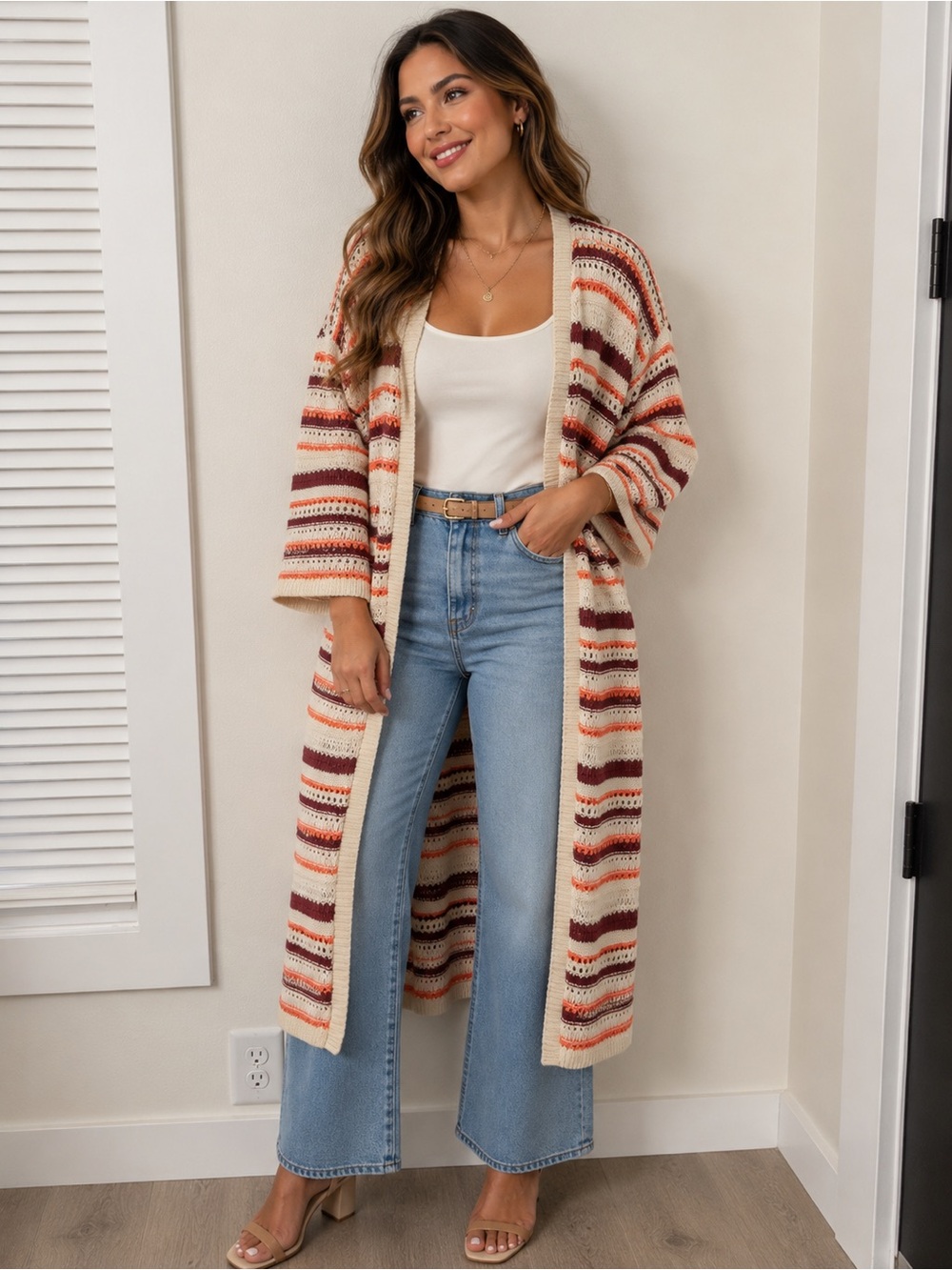 Torrid Knit Cream , Rust & Tan Striped Long Open-Front Cardigan 3/4 Sleeve 00